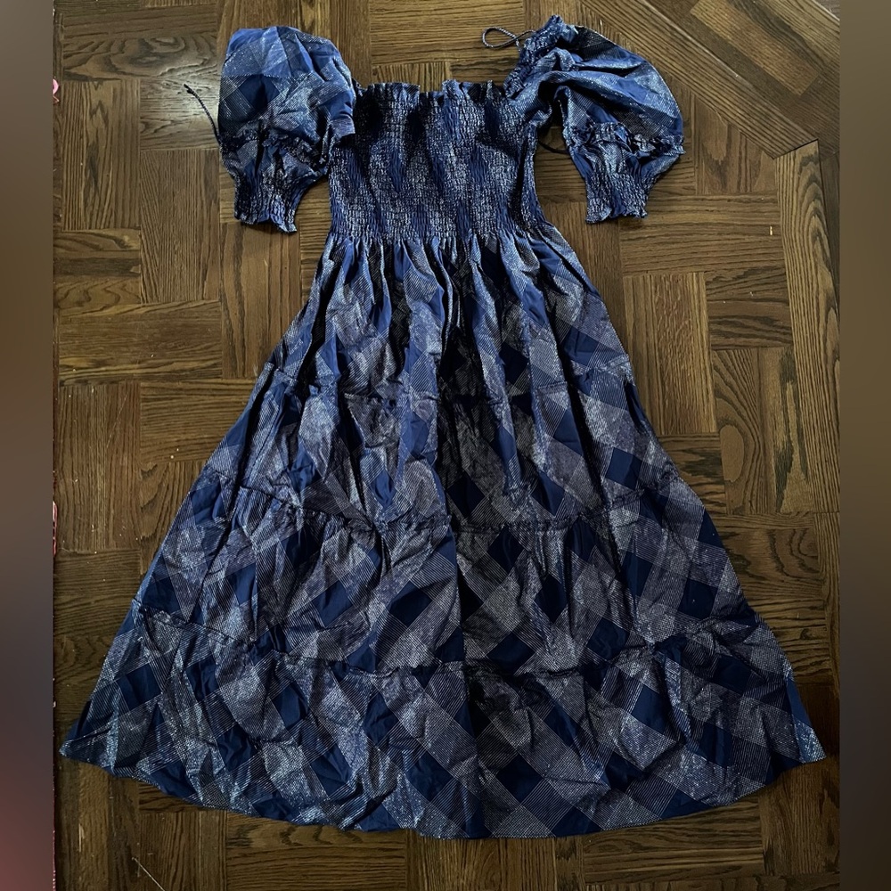 Hill House Home Nesli Nap Dress in the Navy Glitter Check pattern